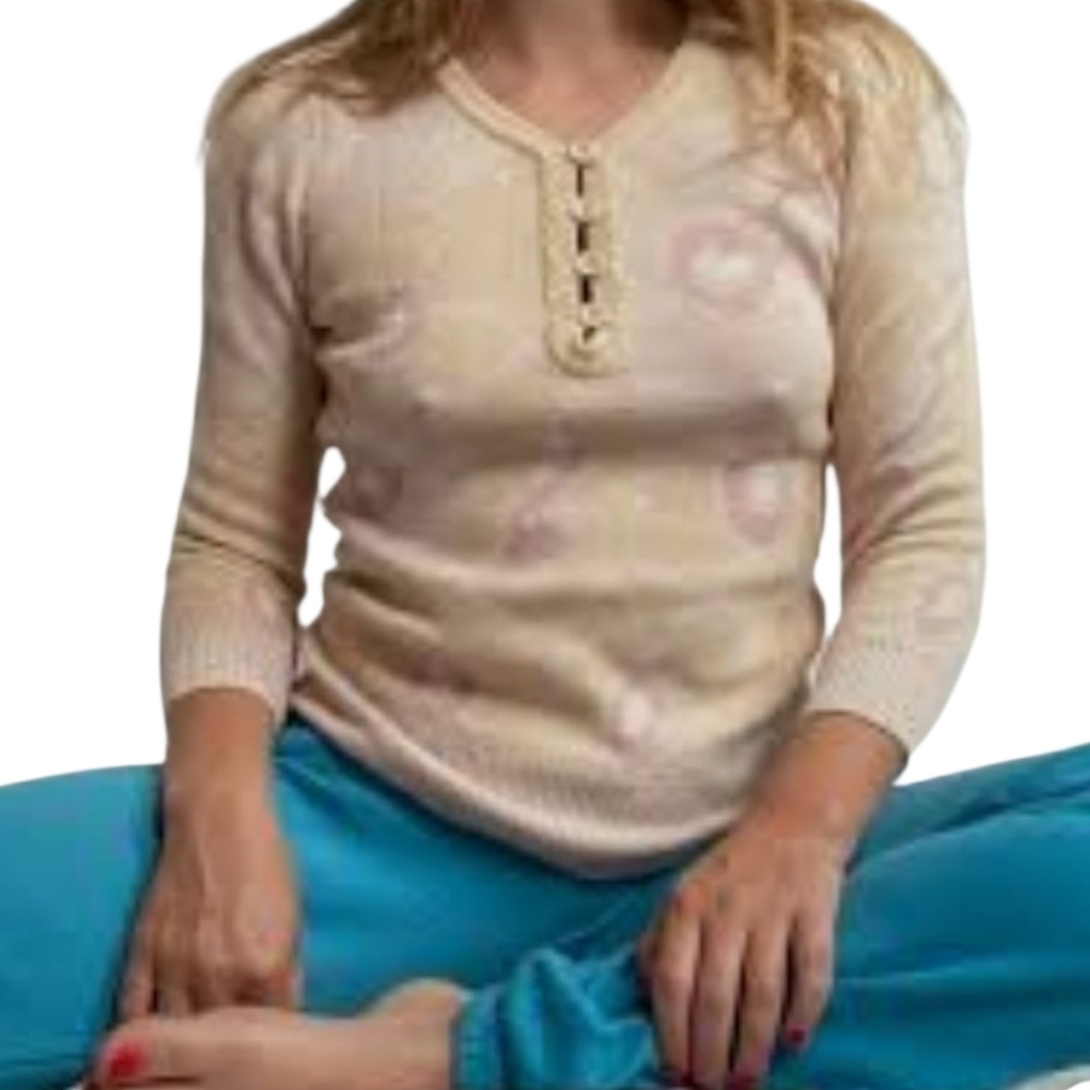 Marc By Marc Jacobs Y2K Floral Knit Henley Sweater Medium Pink Cream Coquette